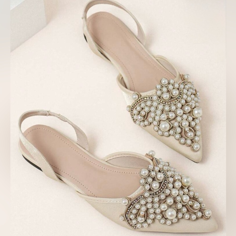 Elegant Pearl Embellished Cream Slingback Flats